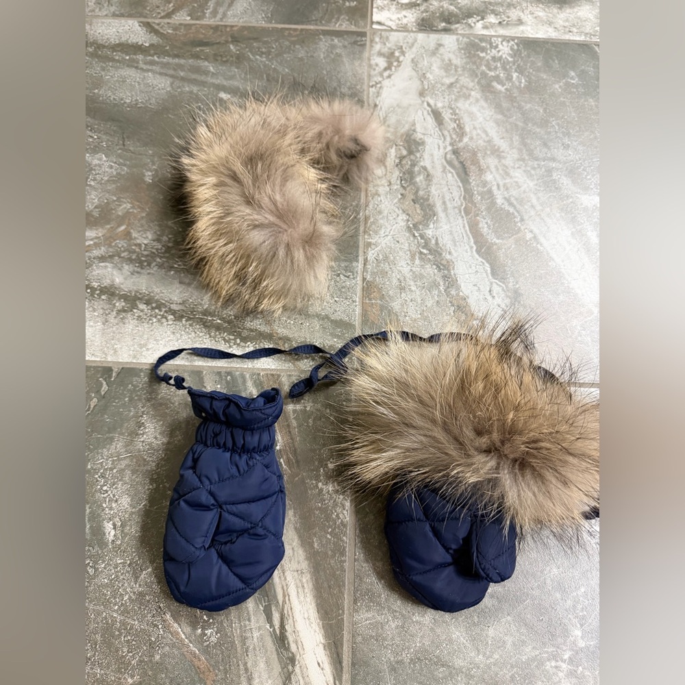 Kids Fur Trimmed Mittens on a string - Navy and Brown
